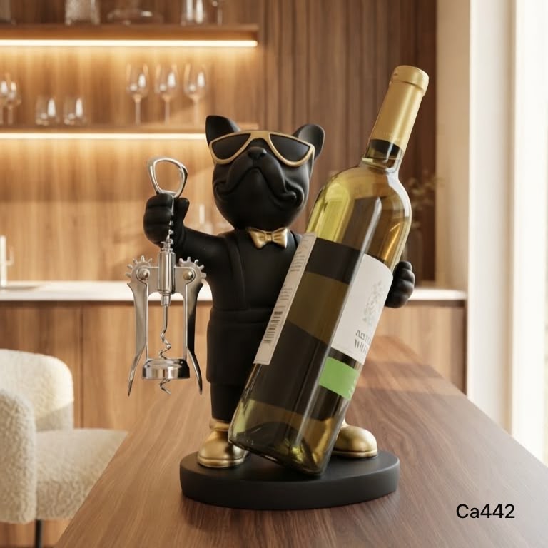 Articulo decorativo porta vino perro negro parado 21cm* 13cm* 28,5cm